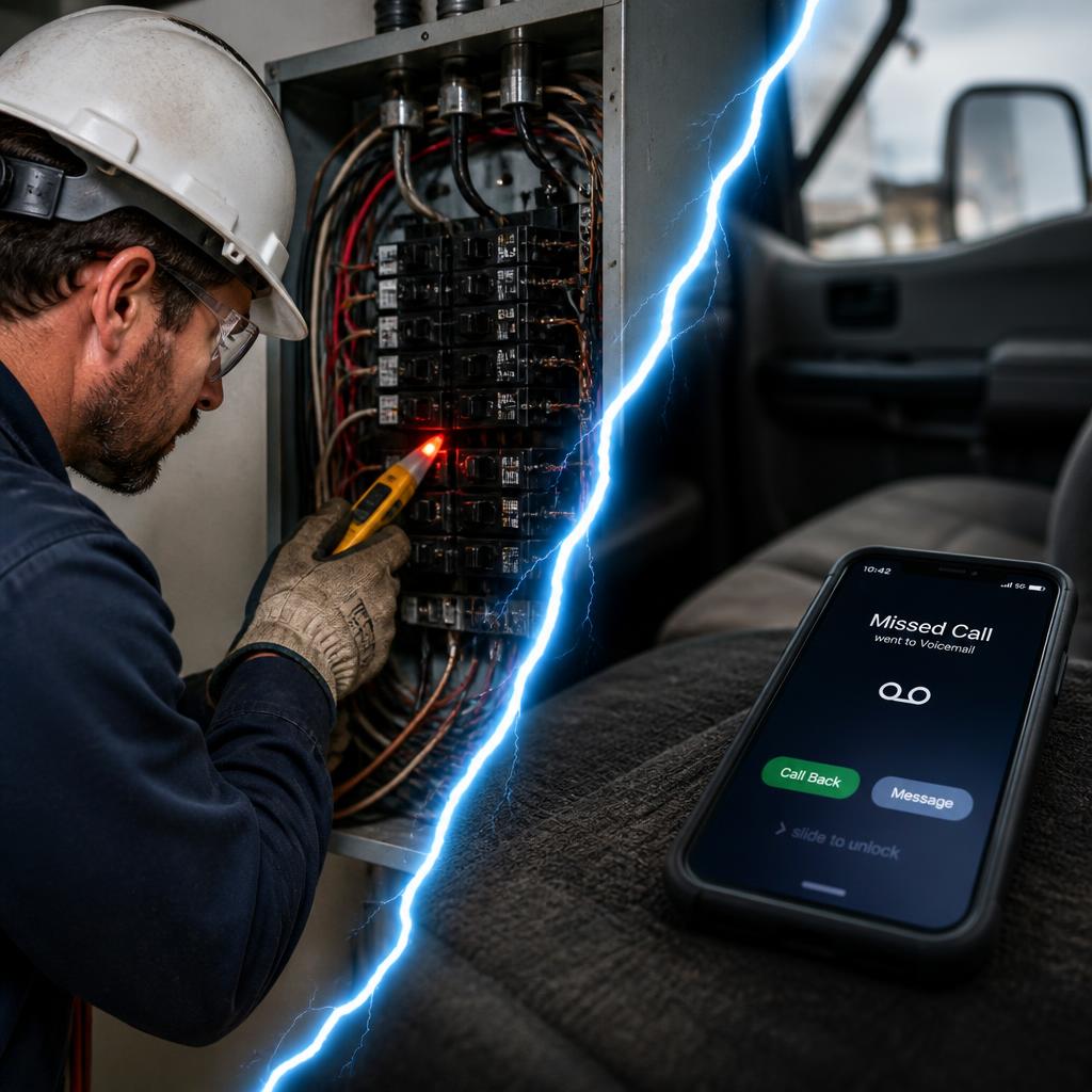 Electrician's gloved hand working inside an open breaker panel with a circuit tester, work phone showing a missed call in the background